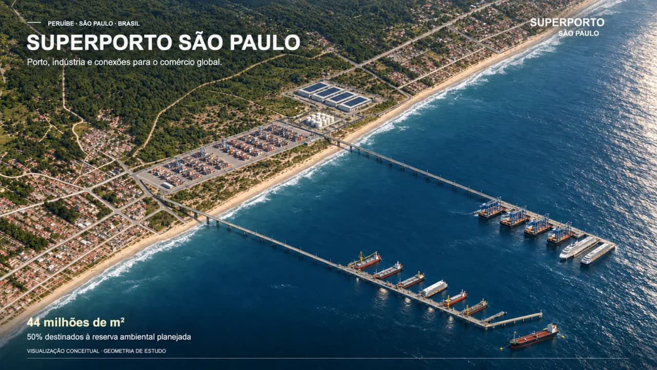 Visualização conceitual do projeto SuperPorto São Paulo em desenvolvimento.